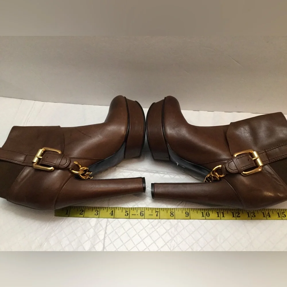 Donald J. Pliner Brown Leather Ankle Booties with Gold Buckle